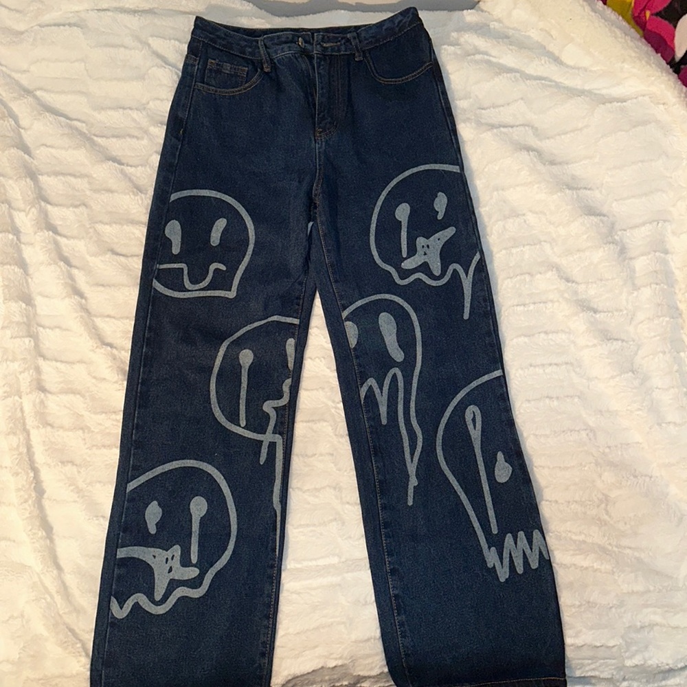 High Rise Jeans With Melting Smiley Faces
